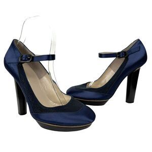 Nicholas Kirkwood Mary Jane High Heels EU 38 US 7.5 Navy Satin Round Toe Italy